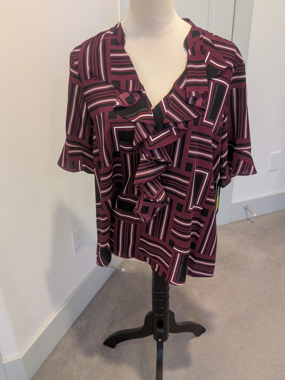 Karl Lagerfeld Burgundy Geometric Ruffle Blouse